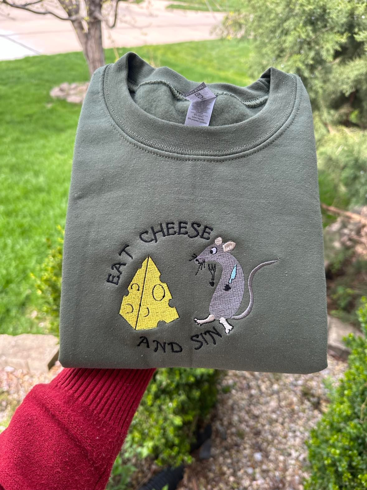 Eat Cheese and SIN Embroidered sweatshirt; funny embroidered crewneck - MrEmbroideryGifts