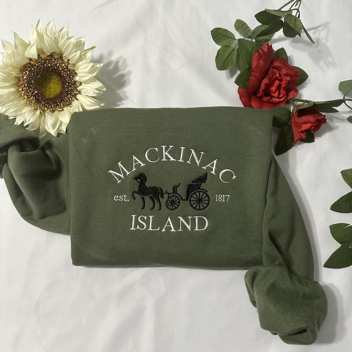 Mackinac Island embroidered sweatshirt; Michigan Island's embroidered crewneck.