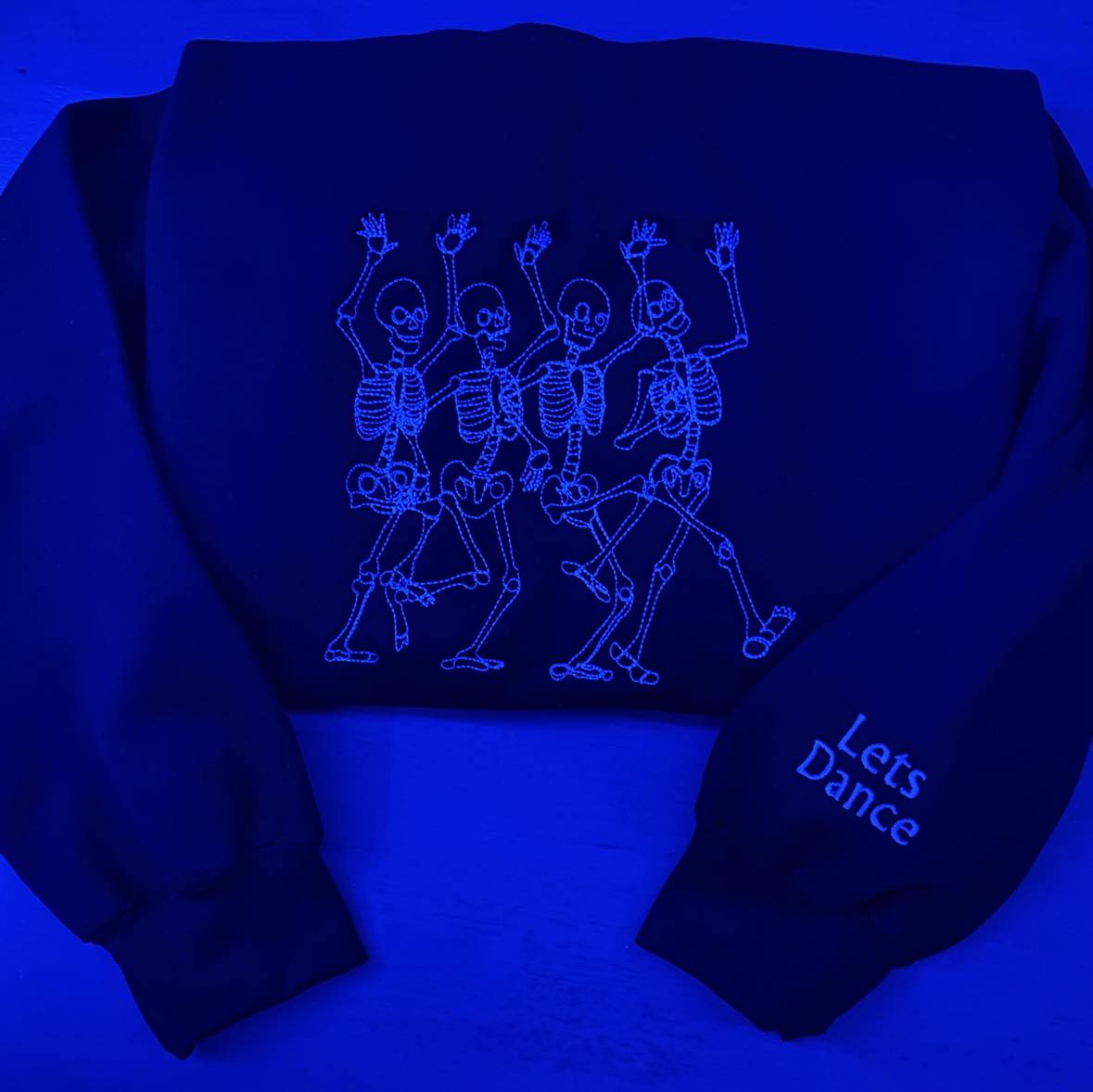 Dancing Skeleton Embroidered Sweatshirt; Lets Dance sleeve embroidery; Halloween sweatshirts