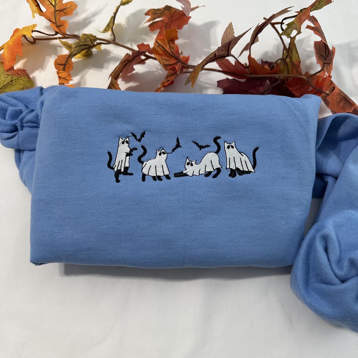 Ghost Cats embroidered sweatshirt! Halloween unisex embroidered crewneck; Halloween Embroidered Sweatshirts; women clothing