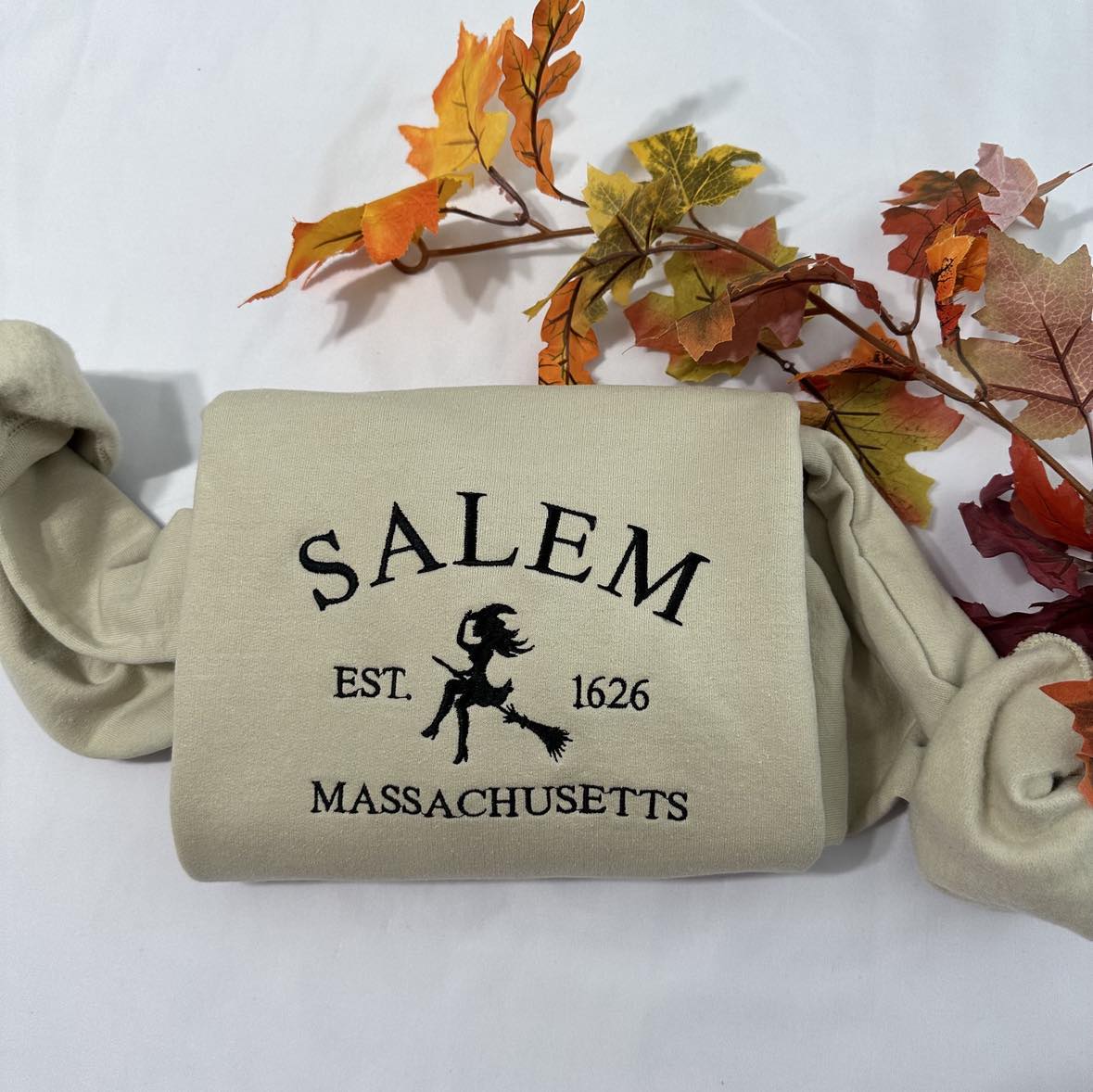Salem Massachusetts embroidered sweatshirt! Funny Halloween embroidery: Halloween Embroidered Sweatshirts;
