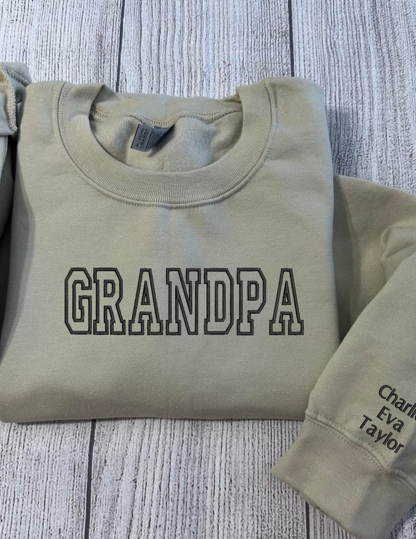 Personalized Grandpa Embroidered Sweatshirt, Embroidered Grandpa with Grandkid's names on the sleeve.
