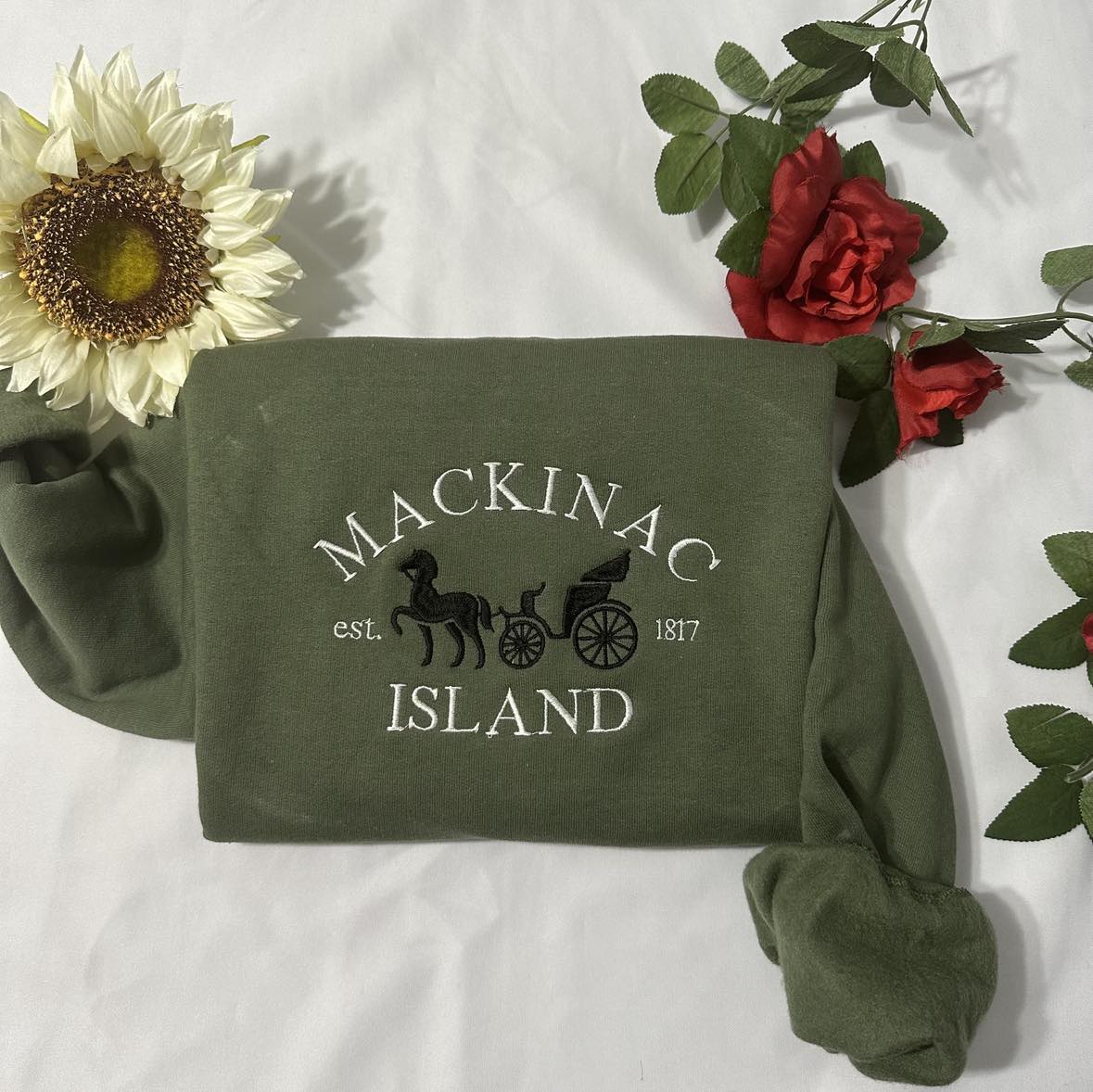 Mackinac Island embroidered sweatshirt; Michigan Island's embroidered crewneck.