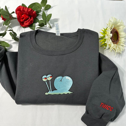 Funny Gary the Snail embroidered sweatshirt; Funny THICC crewneck; sleeve embroidery