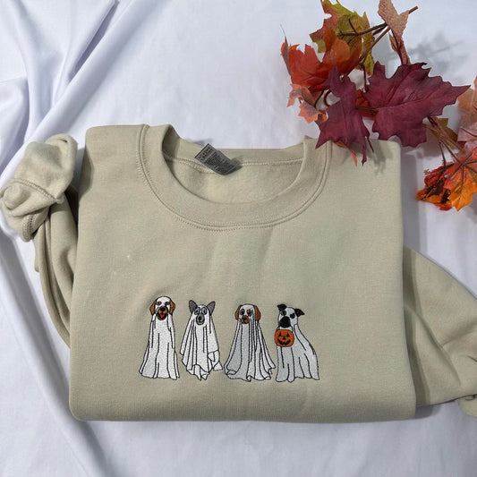 Ghost Dog embroidered sweatshirt! Halloween dog unisex embroidered crewneck; Halloween Embroidered Sweatshirts; women clothing
