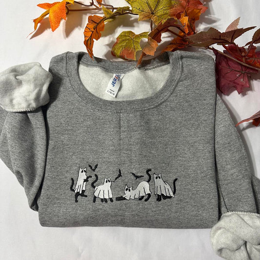 Ghost Cats embroidered sweatshirt! Halloween unisex embroidered crewneck; Halloween Embroidered Sweatshirts; women clothing