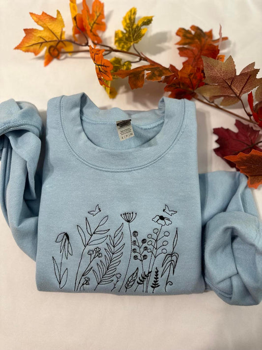 Wildflowers embroidered sweatshirt; Butterfly with wild flowers embroidered crewneck. Christmas/holday gifts