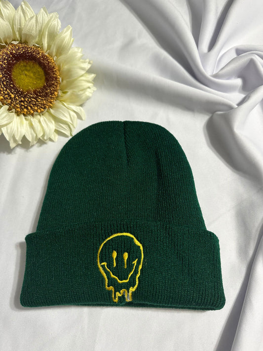 Melting smiley face embroidered beanie