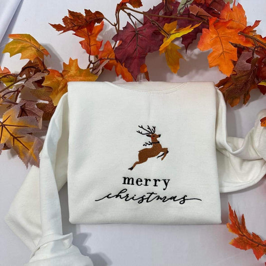 Merry Christmas embroidered crewneck; Christmas Reindeer Embroidered sweatshirt;  Uniqe Holiday gift for her/him