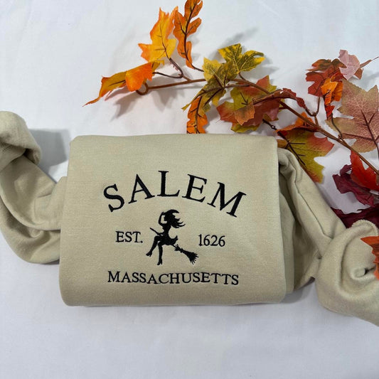 Salem Witch embroidered sweatshirt; Massachusetts embroidered crewneck; Halloween Embroidered crewneck; Spooky Season gifts