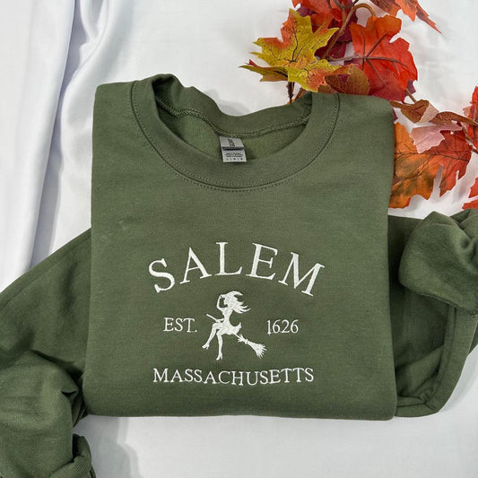 Salem Witch embroidered sweatshirt; Massachusetts embroidered crewneck; Halloween Embroidered crewneck; Witch Halloween gift for her/him