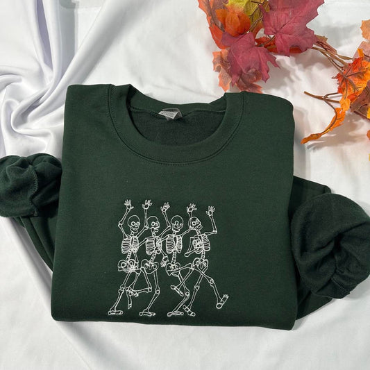 Dancing Skeleton Halloween embroidered sweatshirt; Glow in the dark Dancing Skeleton embroidered crewneck; Funny Halloween sweatshirts.