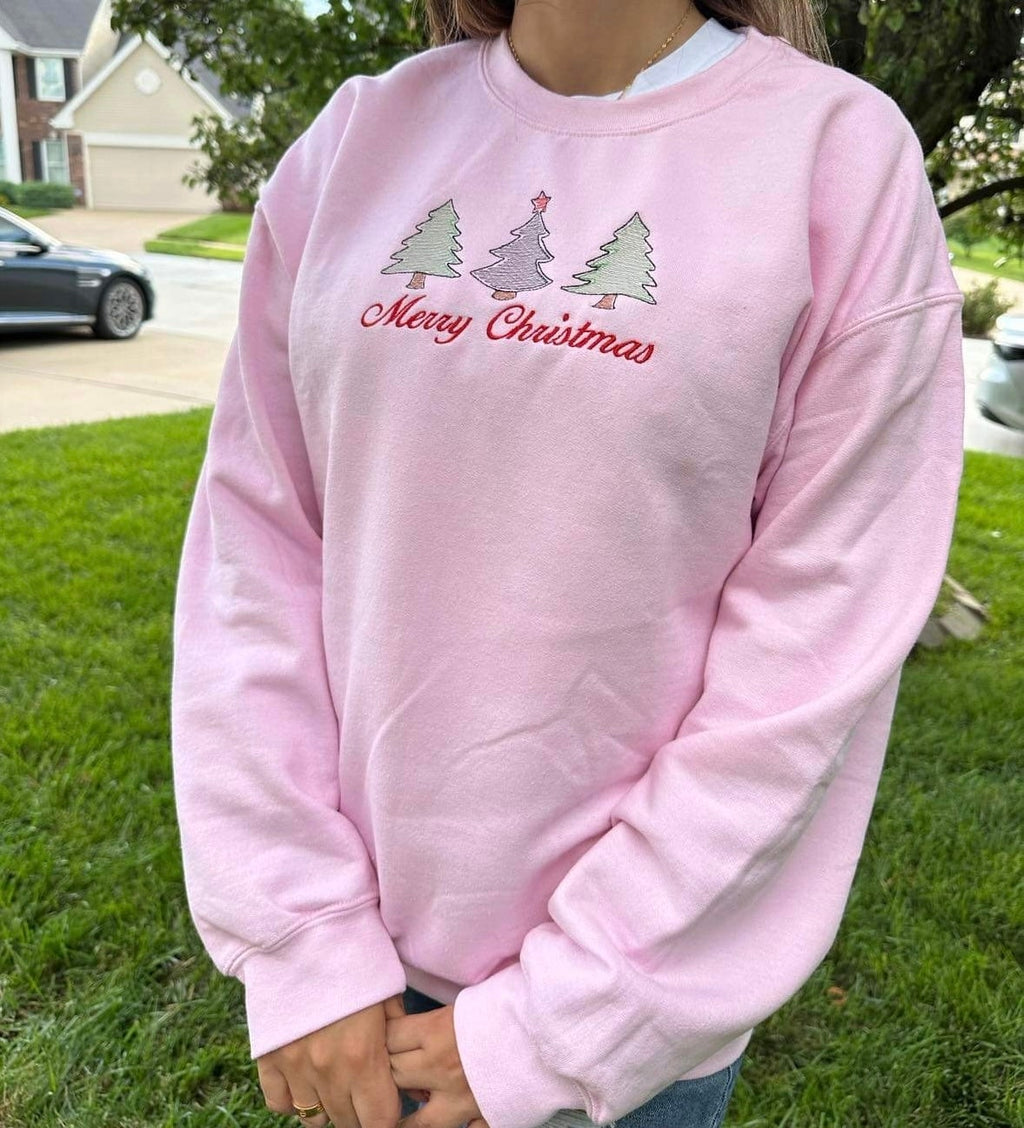 Best Seller Merry Christmas tree embroidered crewneck; Christmas trees Embroidered sweatshirt; Trendy Christmas gift for her/him
