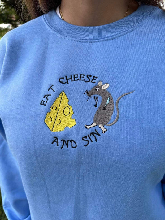 Eat cheese and sin funny embroidered sweatshirt; Funny Christmas gift for her, Retro embroidered crewneck. Funny mouse hoodie