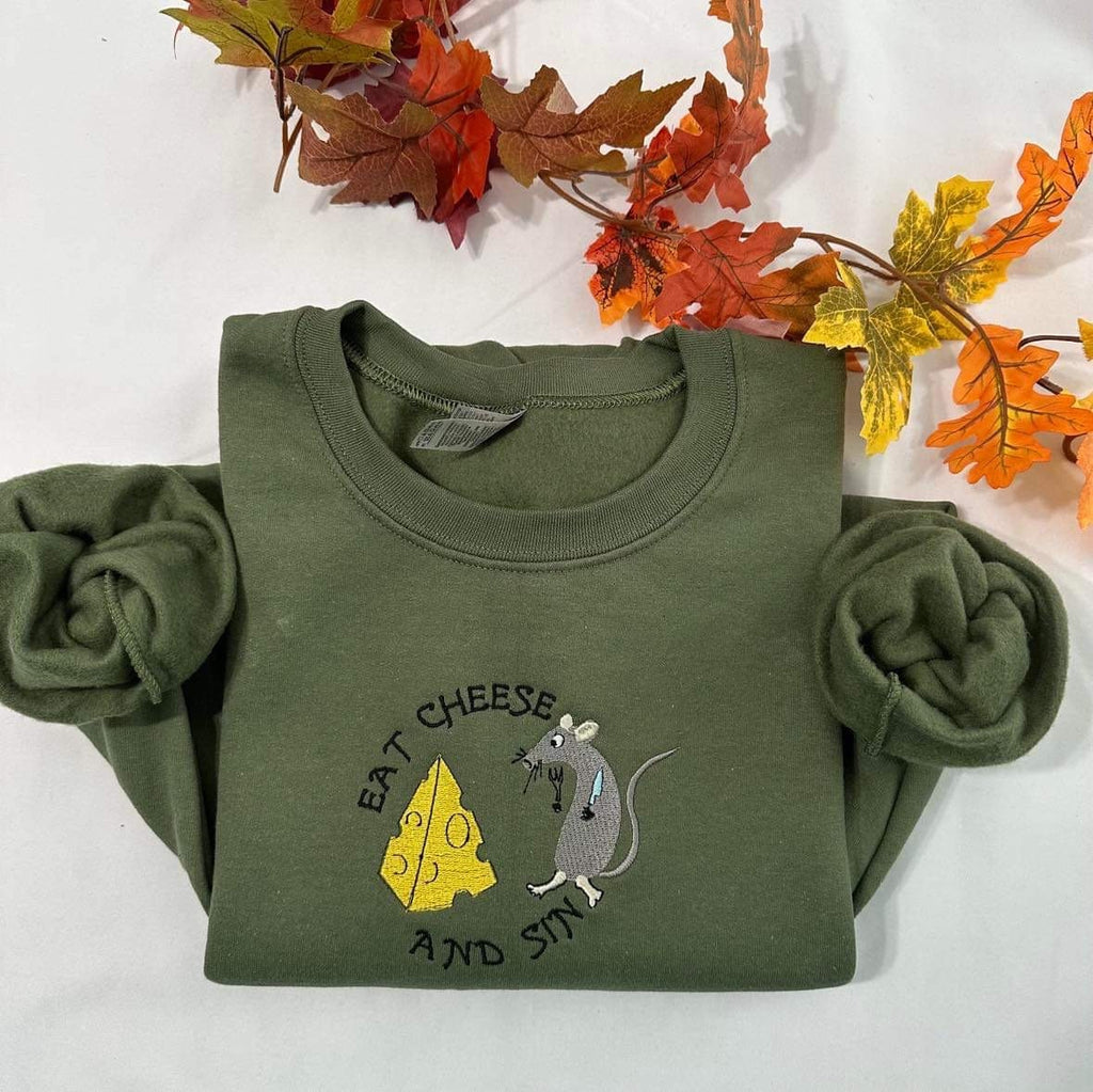 Eat cheese and sin funny embroidered sweatshirt; Funny Christmas gift for her, Retro embroidered crewneck. Funny mouse hoodie