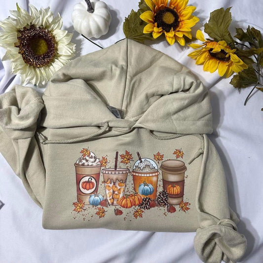 Fall Pumpkin spice hoodie ; Fall Coffee hoodie for women,  Retro Christmas graphic print hoodie, thanksgiving sweater