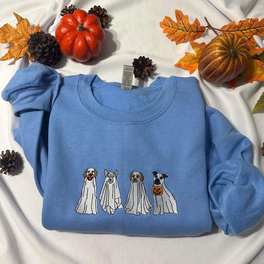 Ghost Dogs Halloween embroidered sweatshirt; Dogs with pumpkin embroidered crewneck; Spooky season sweatshirts.