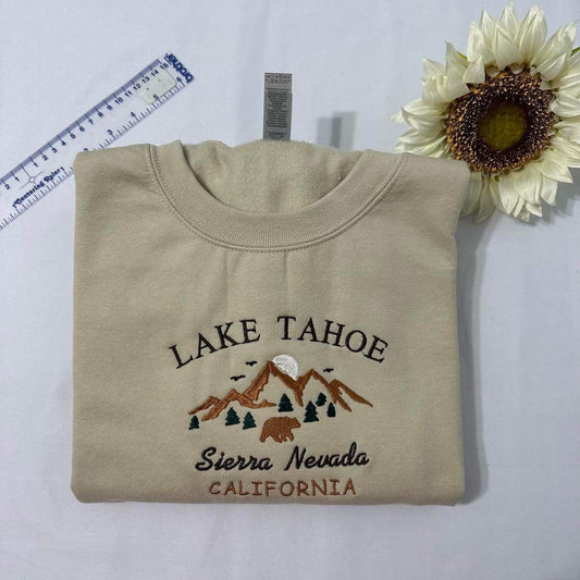 Lake Tahoe embroidered sweatshirt; Sierra Nevada embroidered crewneck, California hoodies. Holiday/ Christmas gift for her/him.