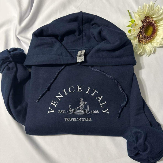 Venice Italy embroidered hoodie;  travel in Italy embroidered hoodie, Fall Italy hoodies, gift for her or him