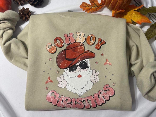 Cowboy Christmas crewneck; Santa Cowboy Christmas sweatshirts; Retro Christmas graphic print crewneck; howdy Christmas gift for her/him