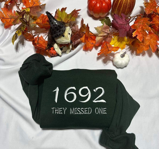 1692 they missed one halloween embroidered sweatshirt; Sanderson embroidered crewneck, Halloween sweatshirt, retro spooky season