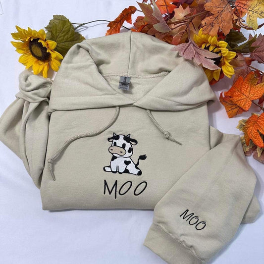 Cow embroidered hoodie;  Sitting cow with MOO embroidered on the cuff of the hoodie, Fall hoodies