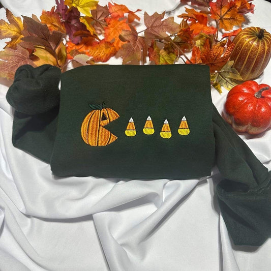 Pumpkin eating candy corn embroidered crewneck; thankgiving Embroidered sweatshirt for women , gift for her/him