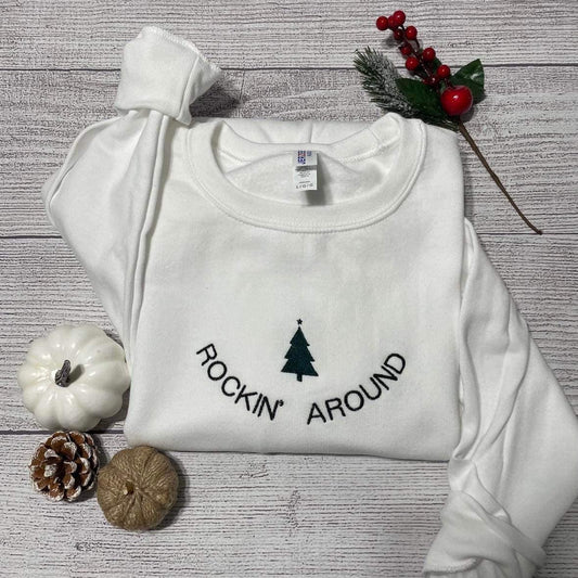 Retro Rockin around the Christmas tree embroidered crewneck; Christmas Embroidered sweatshirt; best seller holiday/Christmas hoodie