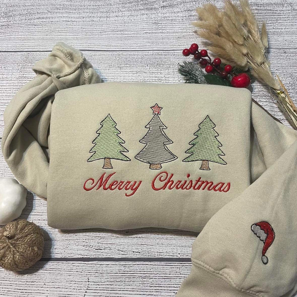 Best Seller Merry Christmas tree embroidered crewneck; Christmas trees Embroidered sweatshirt; Trendy Christmas gift for her/him