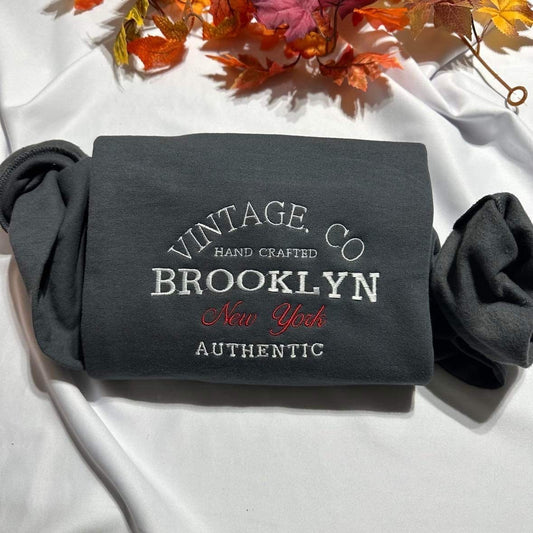 Vintage. CO Brooklyn embroidered sweatshirt; hand crafted Brooklyn authentic embroidered crewneck. New York Vintage CO embroidered shirt.