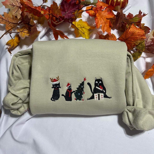 Christmas Cats embroidered crewneck; Embroidered Christmas black cat sweatshirt. Funny cats sweater. holiday gift for him/her