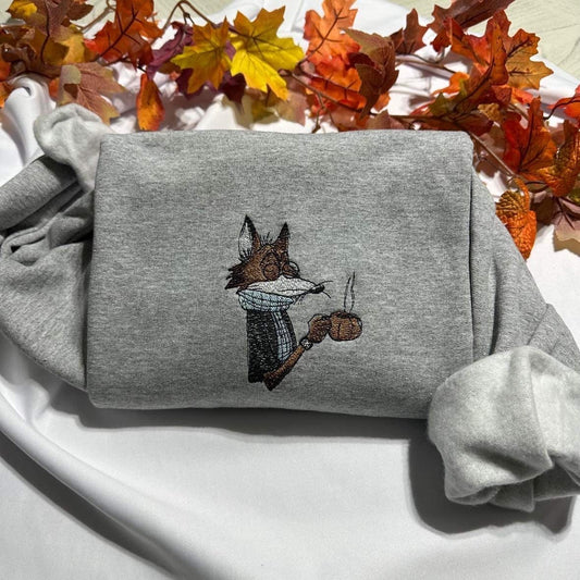 Fox embroidered sweatshirt; Cute Fox drinking coffee embroidered crewneck, Coffee lovers embroidered hoodie.Christmas gift for her/him