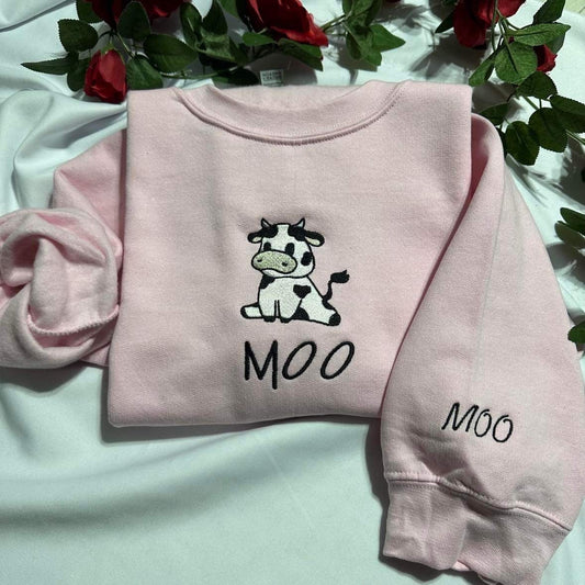 Cow embroidered Sweatshirt,  Sitting cow with MOO embroidered on the cuff of the crewneck, Christmas Fall aesthtic shirts