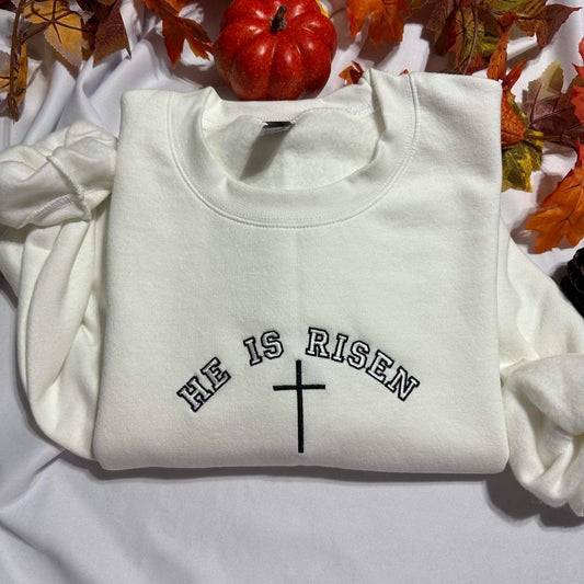 He is Risen embroidered crewneck; Christmas Embroidered sweatshirt;  unique holiday gift. Christian-Christmas gift for her/him