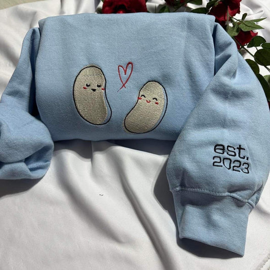 Personalised Bean embroidered Sweatshirt,  cute customisable couple Bean with est. year  embroidered on the cuff of the crewneck,