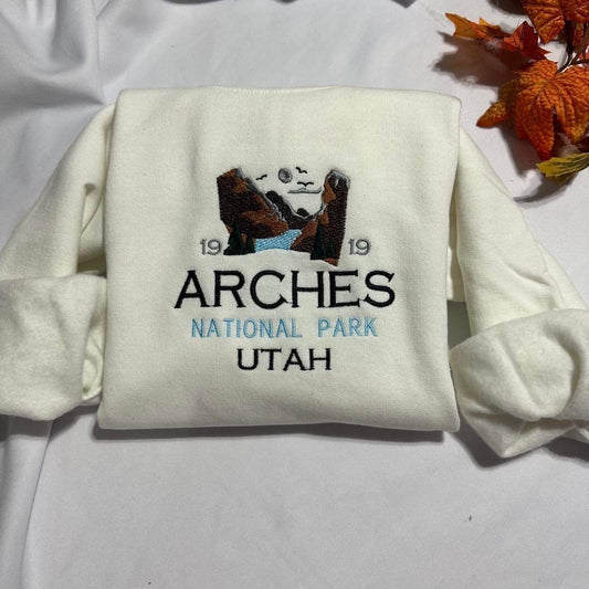 Arches Utah embroidered sweatshirt; Arches National Park embroidered crewneck gift for her/him