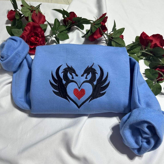 Valentine Dragon embroidered crewneck; Dragon heart embroidered sweatshirt;  Valentine day gift