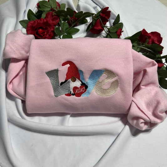 Gnome Valentine embroidered Sweatshirt, Love Gnome valentine embroidered crewneck. Women clothing. Valentine gift