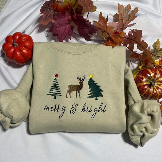 Merry & Bright Christmas tree embroidered crewneck; Christmas Reindeer  Embroidered sweatshirt;  holiday sweater. Women holiday sweatshirt