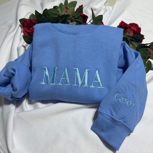 Personalized Mama with kids names embroidered on the sleeve crewneck; Mothers day Gift; minimalist cool mom sweatshirt