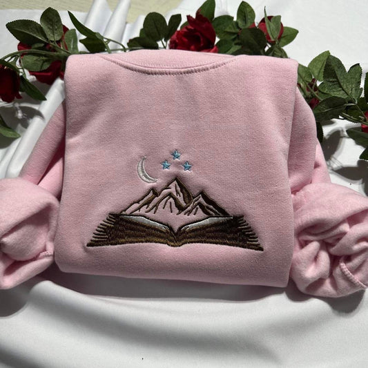 Mountain book embroidered sweatshirt; City of Starlight embroidered crewneck, open book aesthetic embroidered shirt, Christmas gift ideas