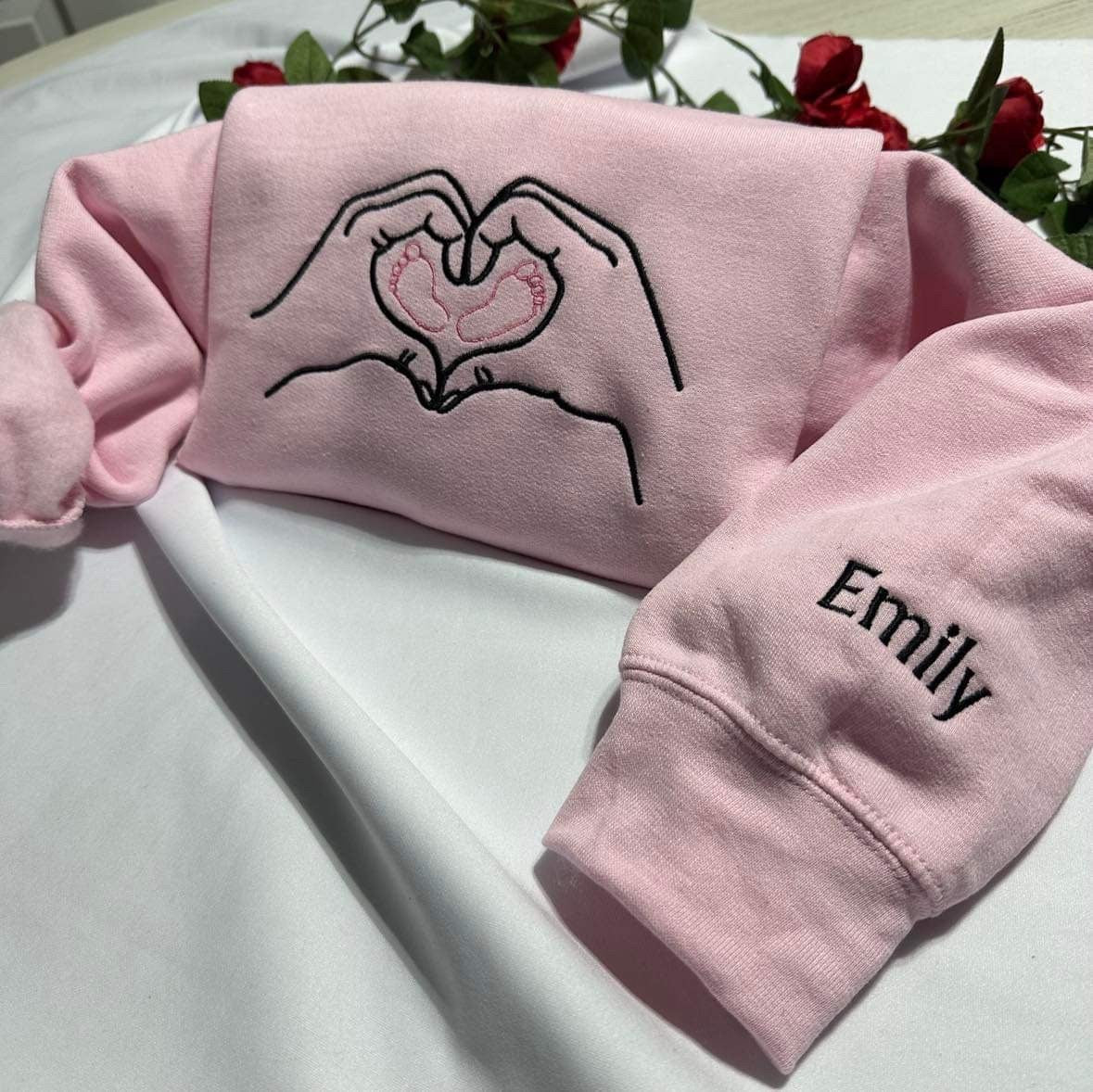 Custom embroidered sweatshirt; Mother hands with baby feet custom embroidery, Custom baby’s name gift. Mothers Day Personalised gift