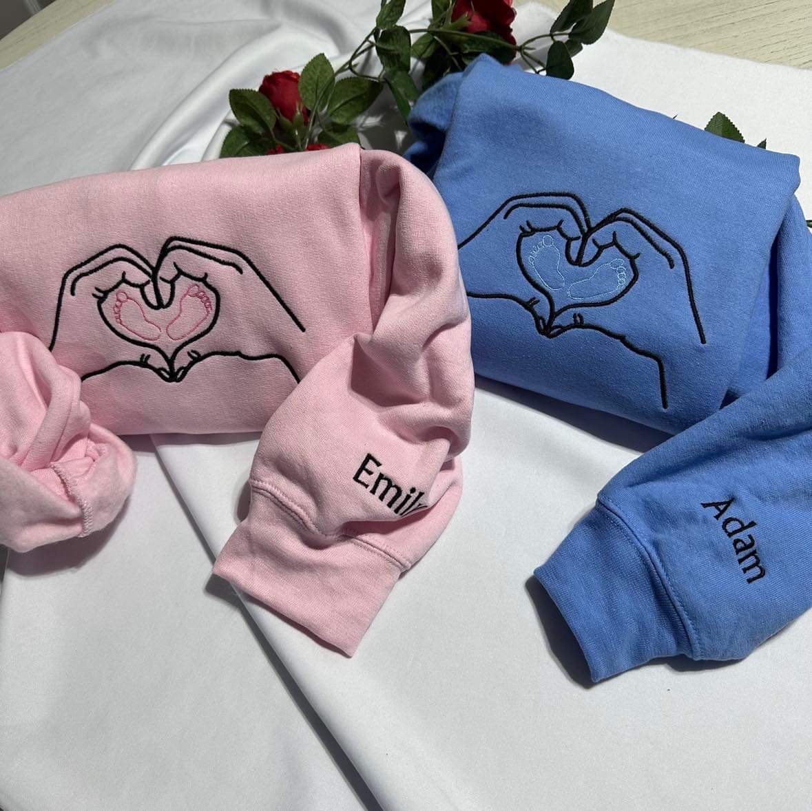 Custom embroidered sweatshirt; Mother hands with baby feet custom embroidery, Custom baby’s name gift. Mothers Day Personalised gift