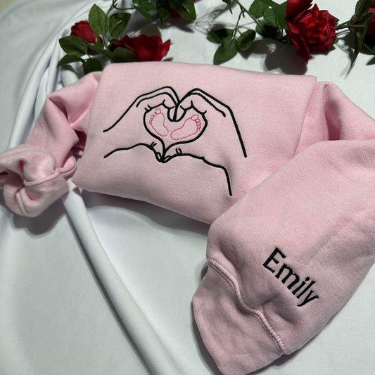 Mothers Day Personalised embroidered crewneck; Mother hands with baby feet custom embroidered sweatshirtday, Custom baby’s name gift.