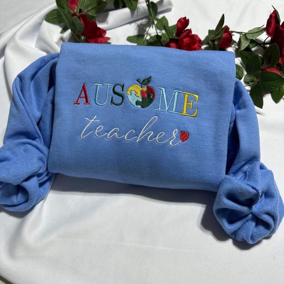 Ausome teacher embroidered sweatshirt; autism awarness embroidered crewneck, thankful teacher gift.  mom & dad gift