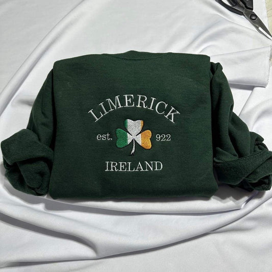 Limerick Ireland embroidered sweatshirt; Limerick embroidered crewneck. holiday gift for her/him; gift for mom/dad.