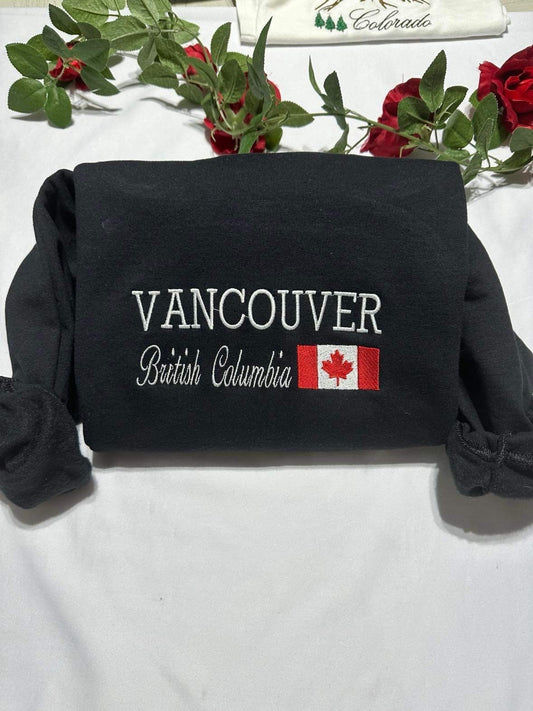 Vancouver British Columbia embroidered sweatshirt; British Columbia embroidered crewneck, gift for her/him; gift for Canada lovers