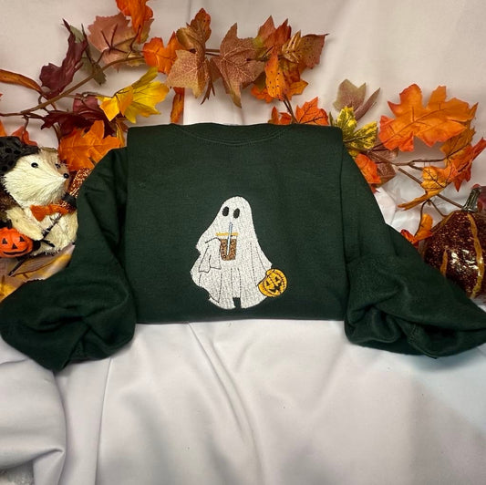 Ghost Coffee embroidered sweatshirt ;  iced coffee little ghost embroidered crewneck, Spooky season, Boo ghost. gift for her/him