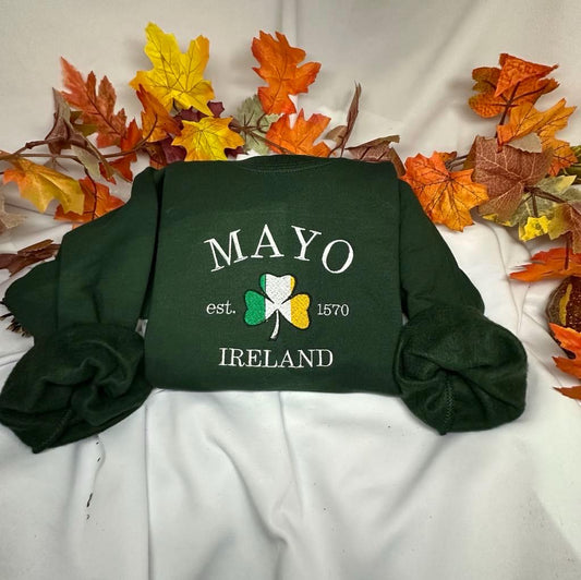 Mayo Ireland embroidered sweatshirt; Mayo embroidered crewneck. Holiday/ Christmas gift for her/him.