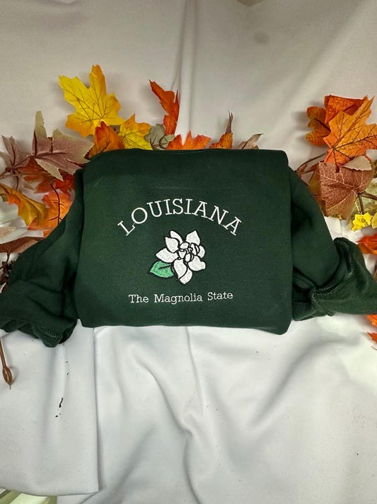 Louisiana the Magnolia State embroidered sweatshirt; Louisiana flower embroidered crewneck, unique holiday gift